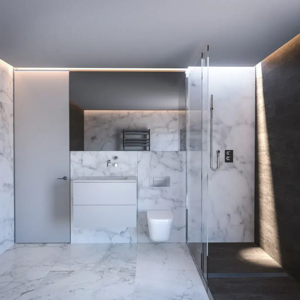 Modern marble bathroom in a Spanish home, perfect for buyers interested in property in Spain.