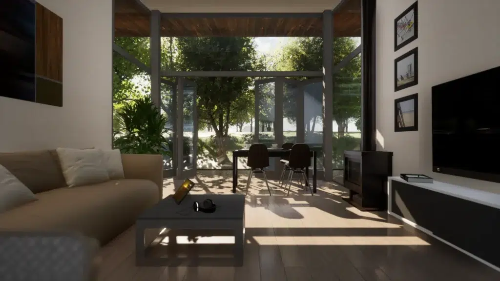 Spacious living room with garden views in a Spanish property, ideal for those buying property in Spain.