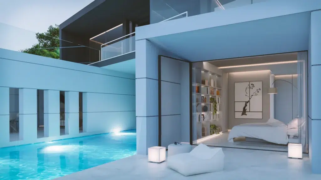 Luxury bedroom with poolside views in a Spanish villa, showcasing the best of property in Spain.