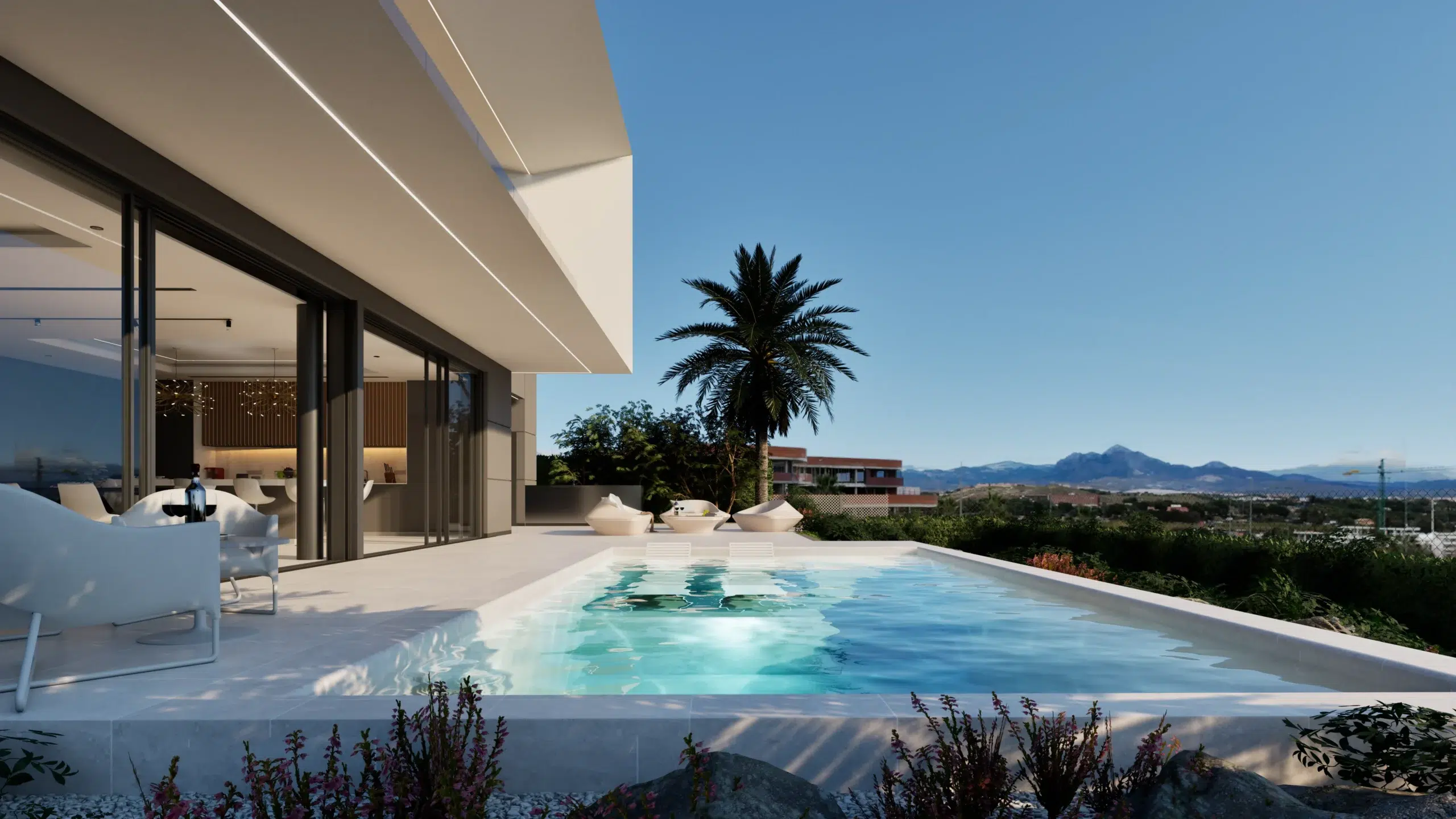 Exterior view of a luxury home in Alicante with a stunning pool, exemplifying Mediterranean Modernism and contemporary elegance