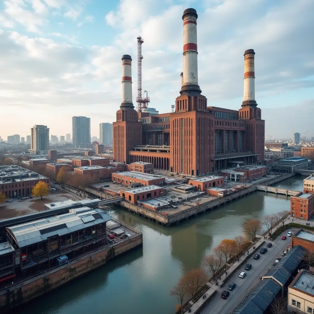 Aerial view of the restored Battersea Power Station in London.


