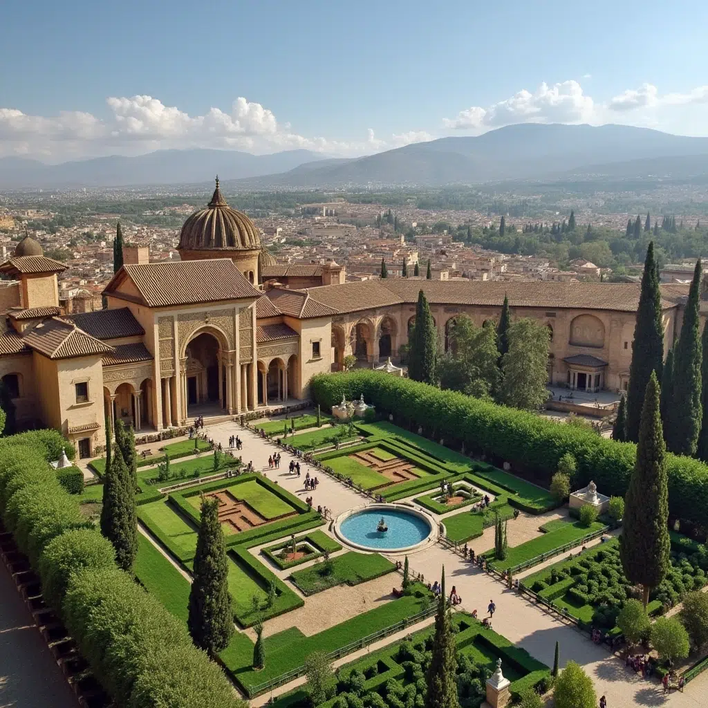 Panoramic view of the Alhambra and its gardens in Granada.