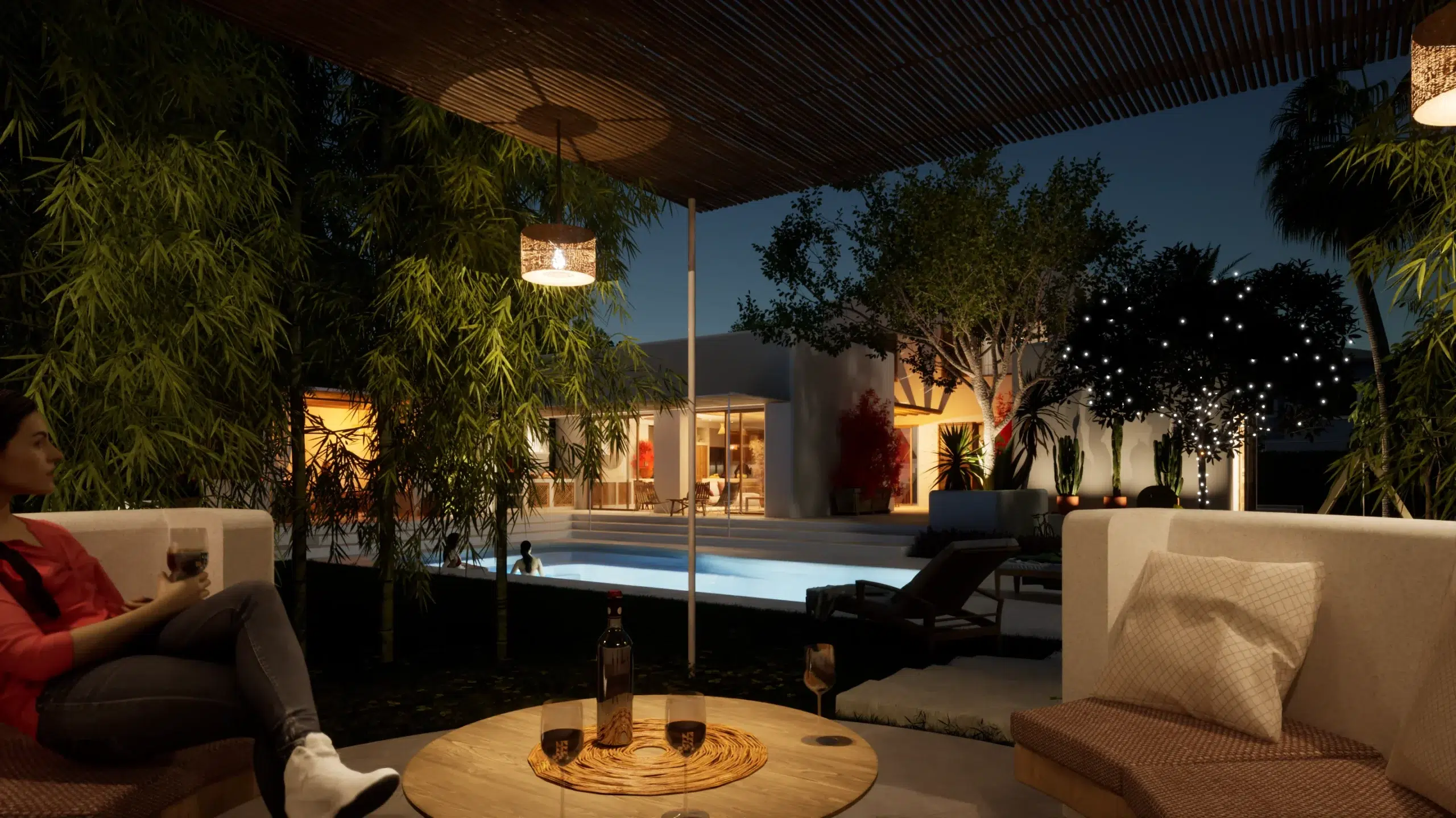 Night view of the Orihuela Retreat Villa, highlighting Mediterranean Modernism with its illuminated architecture and serene ambiance