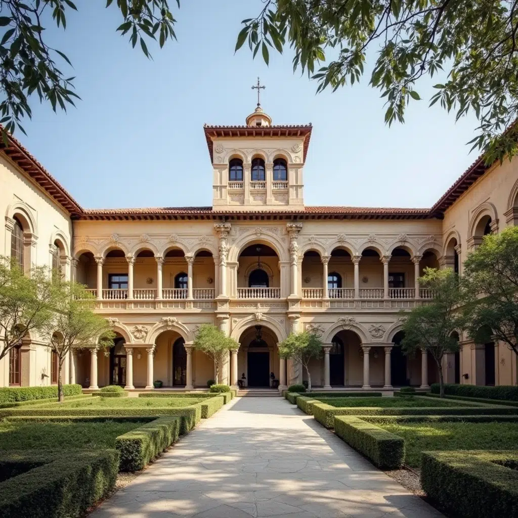 Restored courtyard of the Palace of Pedralbes with gardens.

