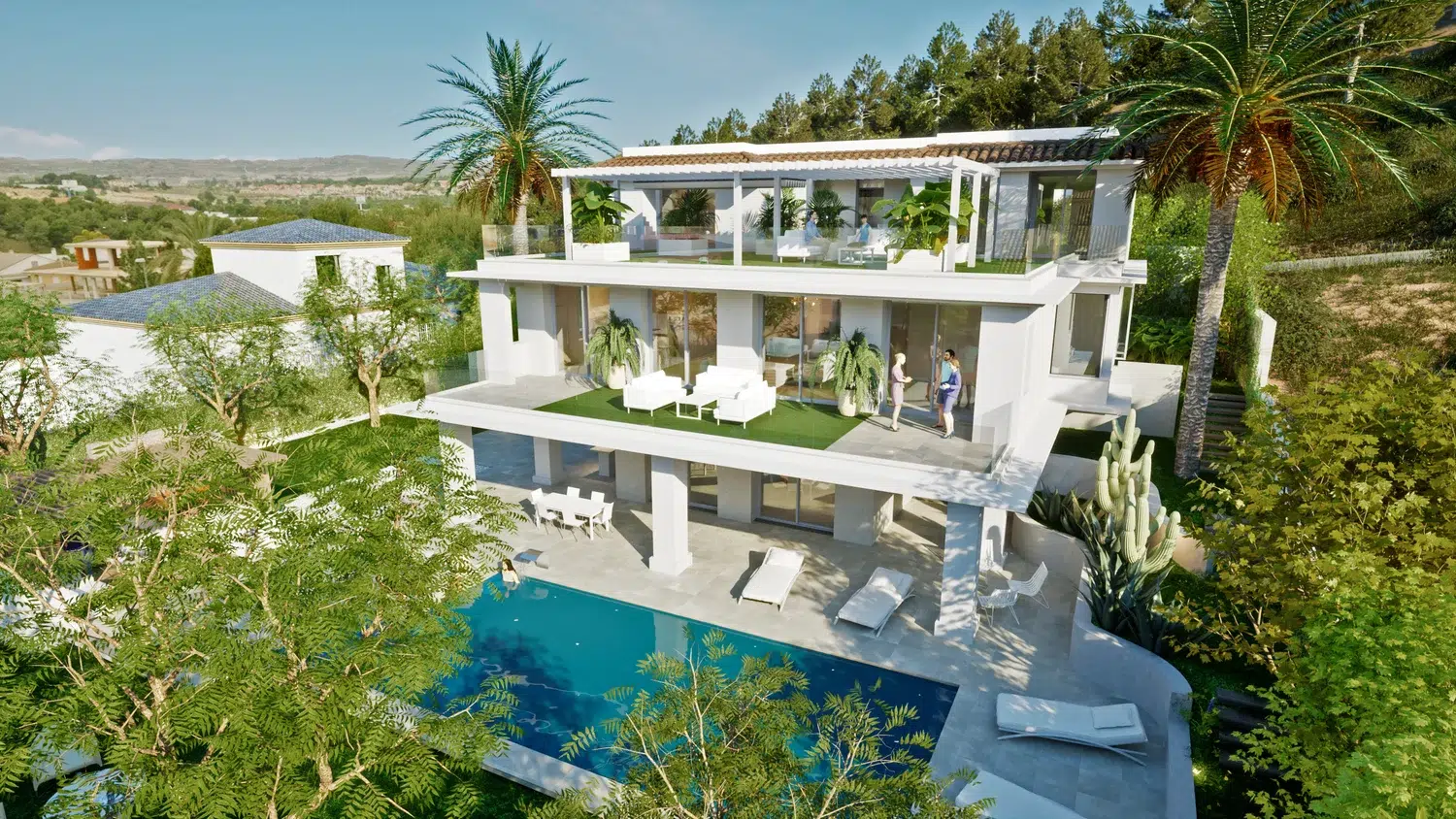 Aerial view of a modern villa in Spain, highlighting luxury property investment opportunities.