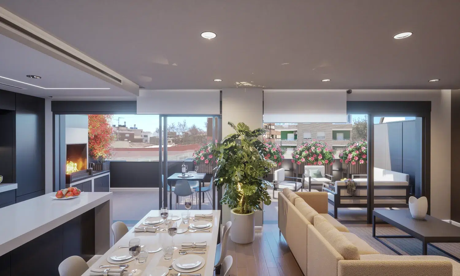 Living Spaces in Spain typically have distinct areas for living and dining, whereas Northern European homes favor open-plan layouts. This spacious living-dining room highlights the Spanish preference for separate spaces.