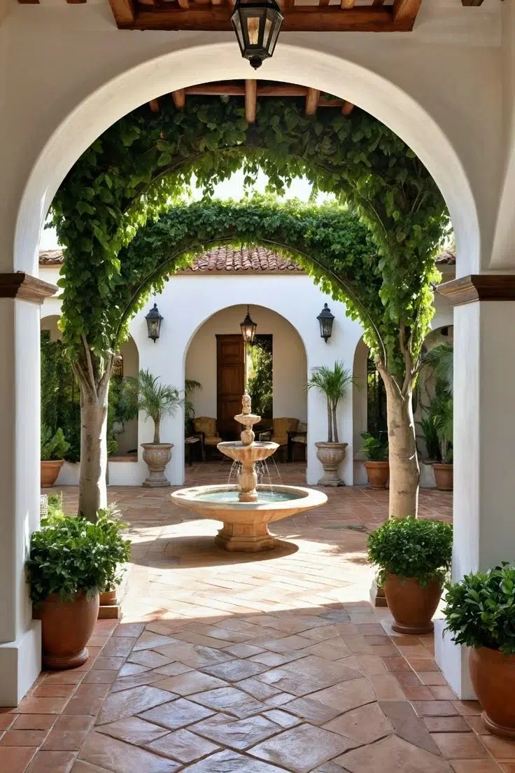 A beautiful Andalusian patio with white arches, lush greenery, and a central fountain, reflecting the historical influence of balconies and patios in Spain.