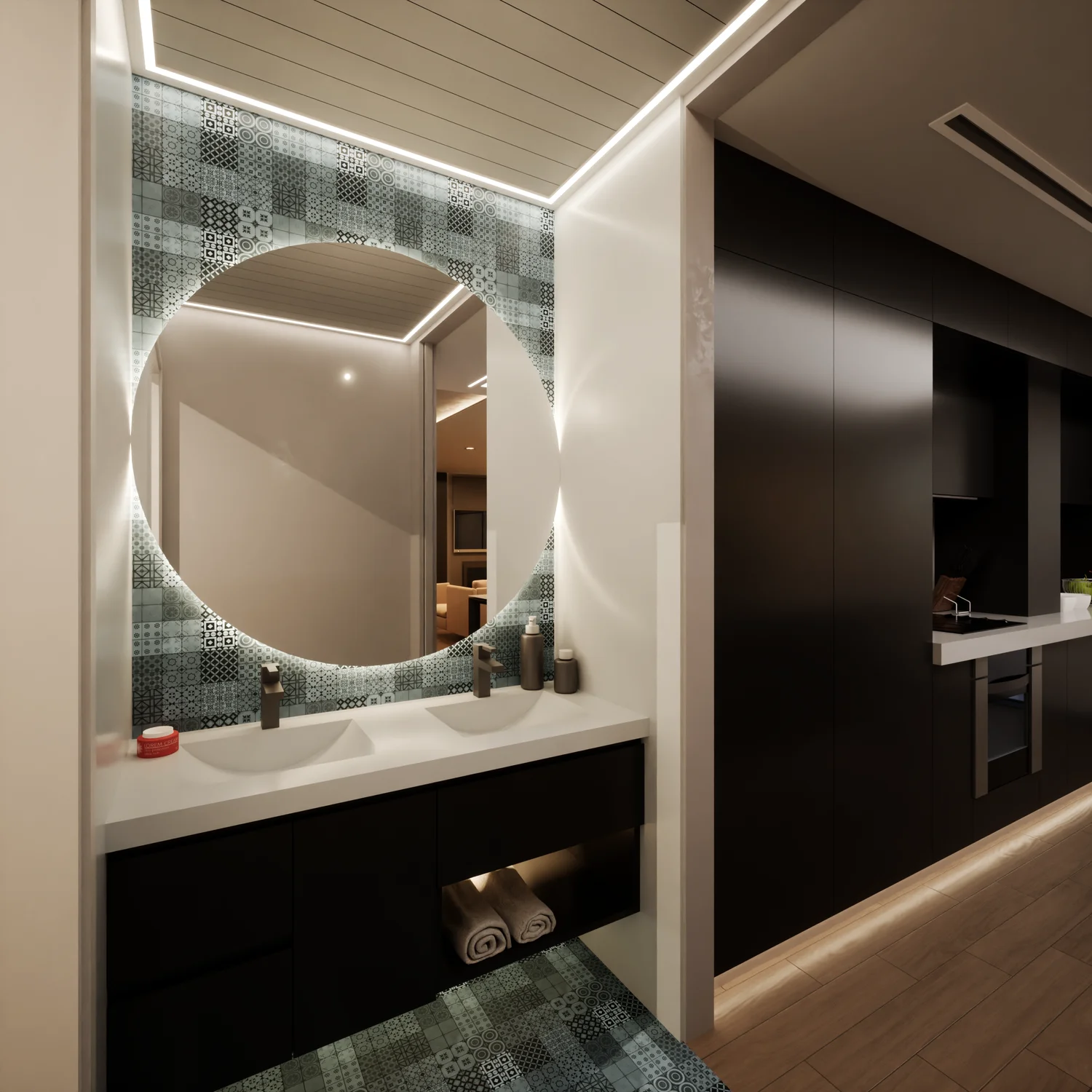 Living Spaces in Spain usually have compact bathrooms with showers instead of bathtubs. This bathroom features a modern double sink and an illuminated mirror, common in Spanish homes.
