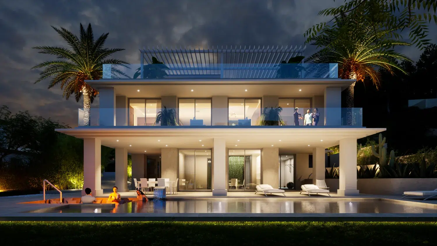 Modern Spanish villa with a beautifully lit swimming pool, showcasing high-end architecture and design.