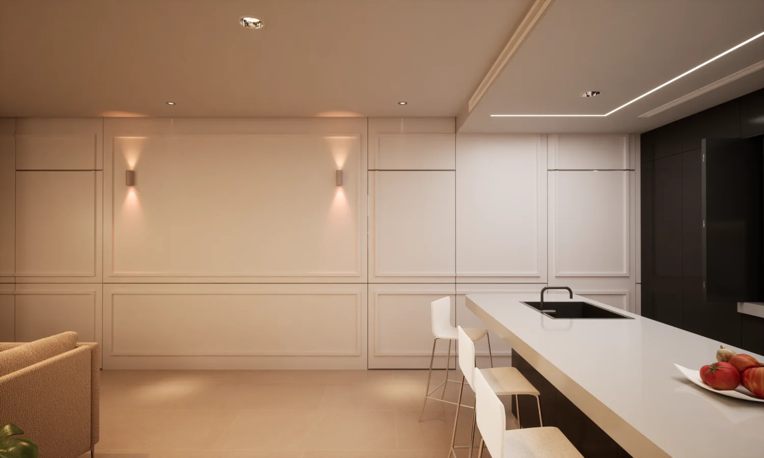 While open kitchens are popular in Northern Europe, Living Spaces in Spain traditionally favor enclosed kitchens. However, modern designs like this one are becoming more common in Spanish apartments.