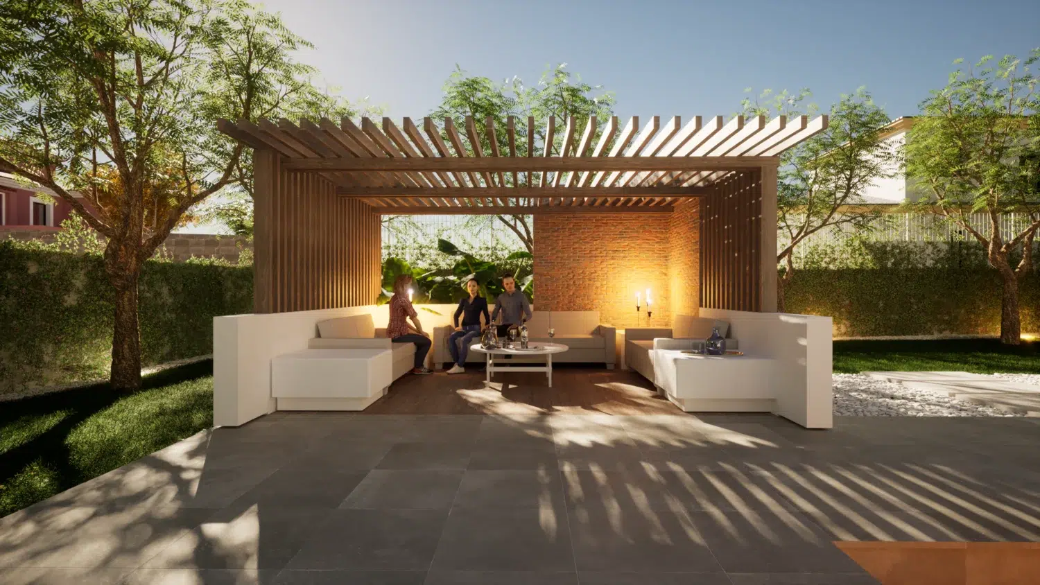 Elegant outdoor lounge area with a wooden pergola in a modern Spanish villa, perfect for relaxation and social gatherings.