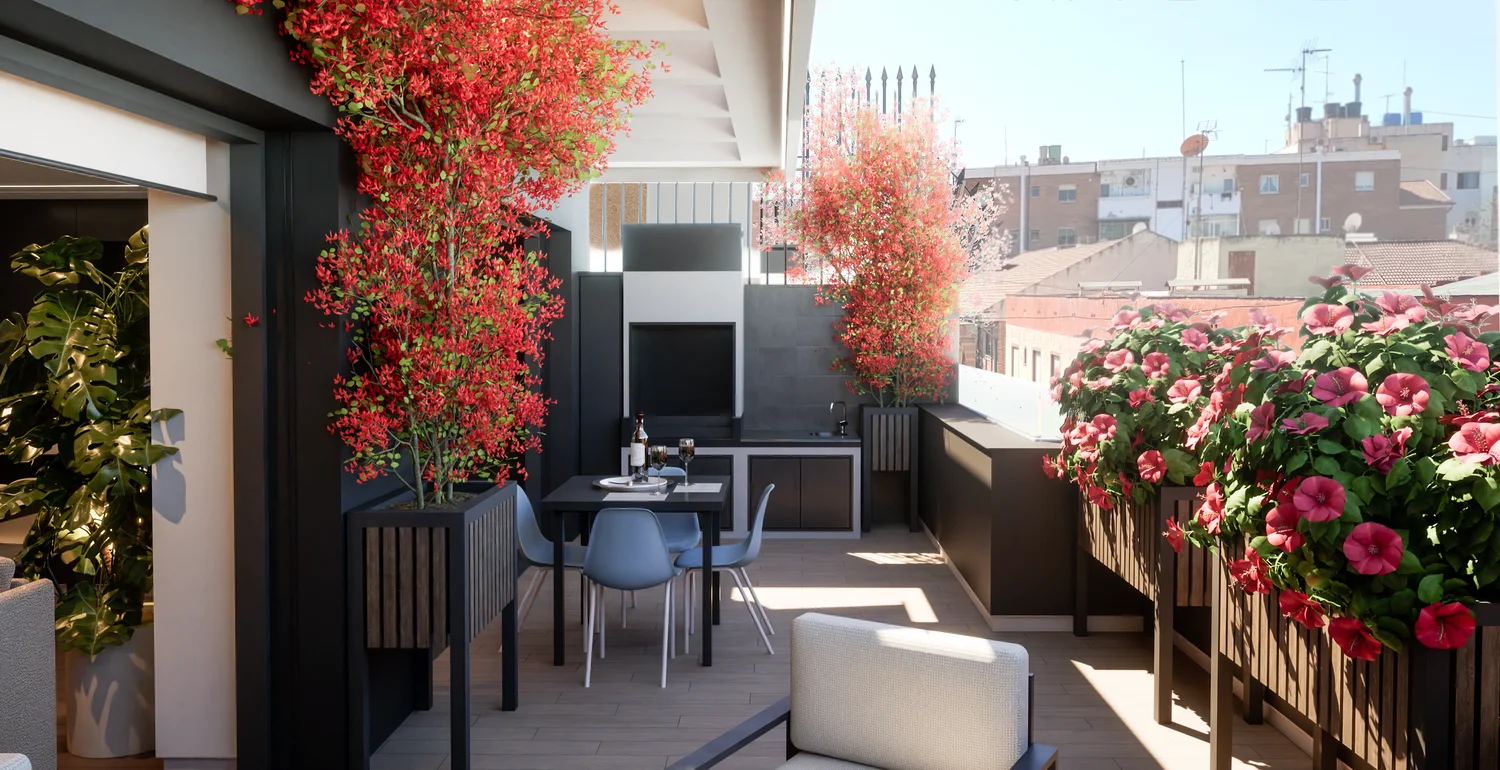Living Spaces in Spain often feature terraces decorated with plants and outdoor furniture, emphasizing Mediterranean outdoor living—unlike the more minimalist balconies found in Northern Europe.