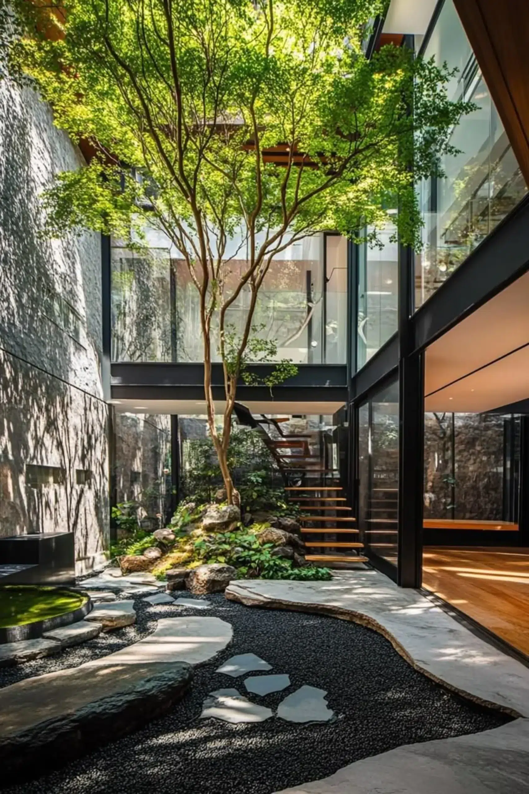 Double-height interior garden with central tree and natural stone in a contemporary biophilic luxury home.