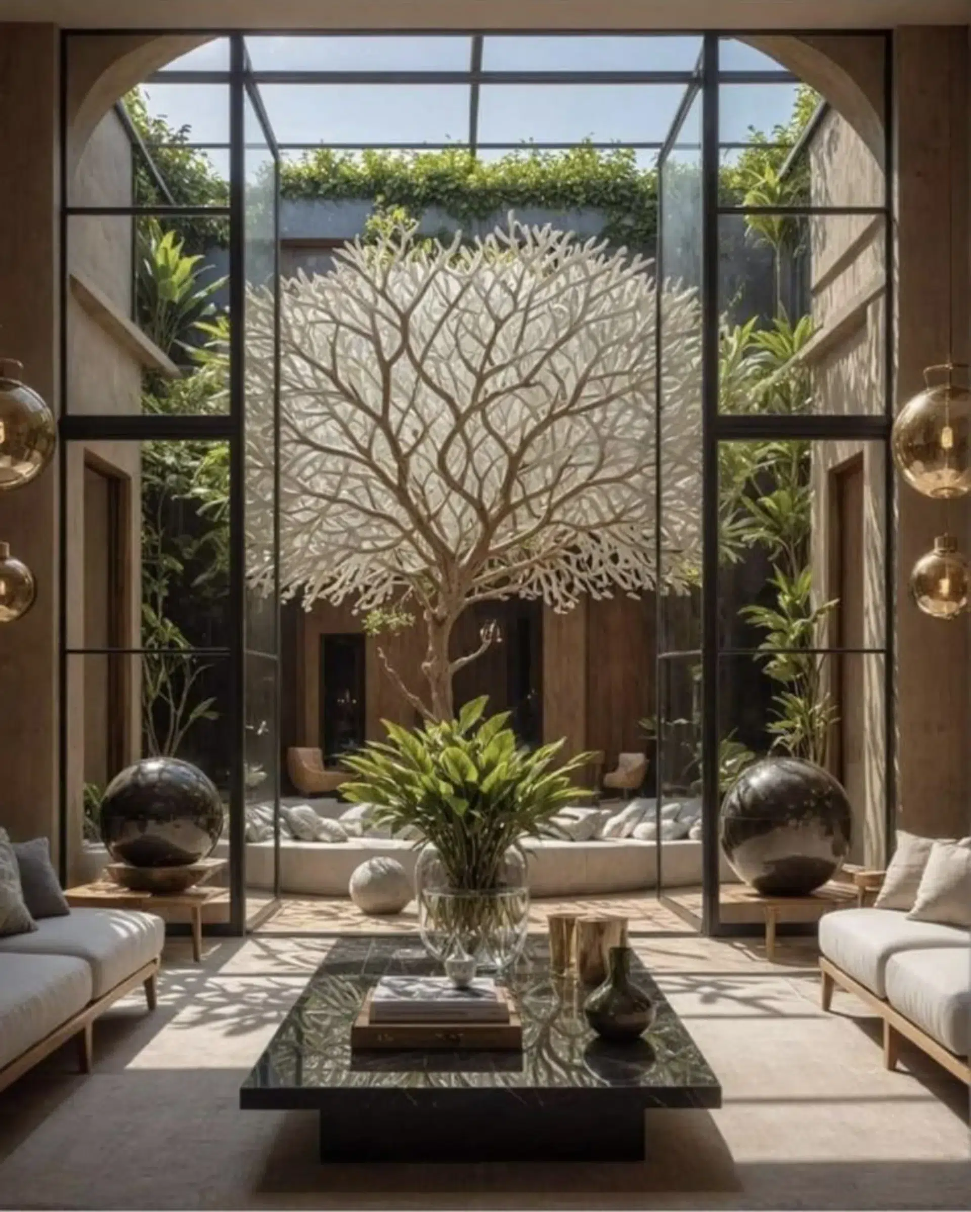 Luxury living room with floor-to-ceiling windows opening to a sculptural tree in a biophilic inner patio.