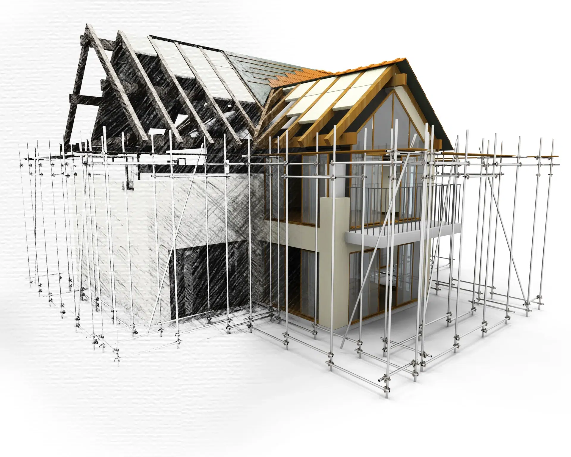 3D rendering of a house under construction with scaffolding, symbolizing the building process and compliance with the Spanish Building Code (CTE).