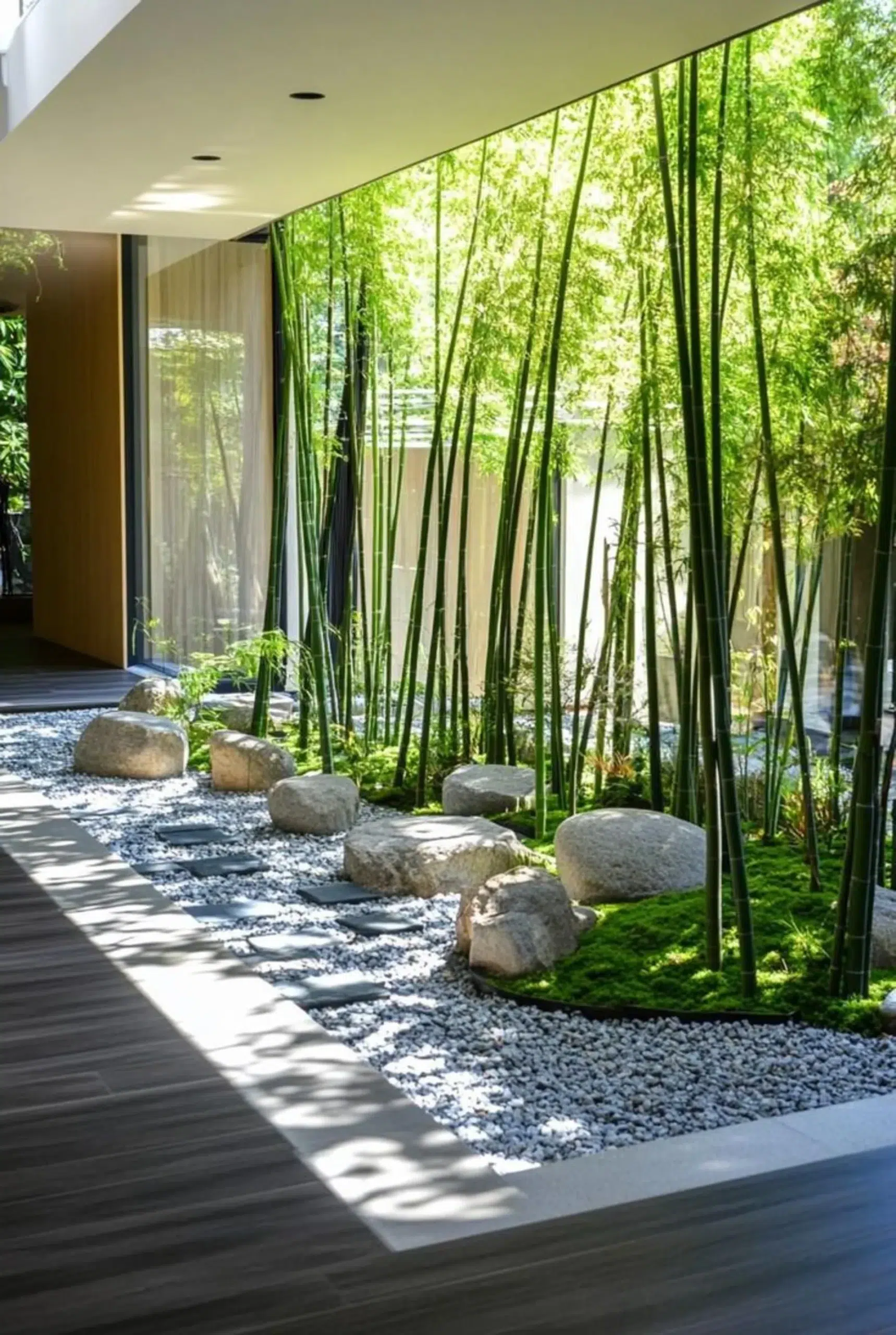 Zen-inspired biophilic interior with bamboo, moss and natural stones in a minimalist luxury residence. 