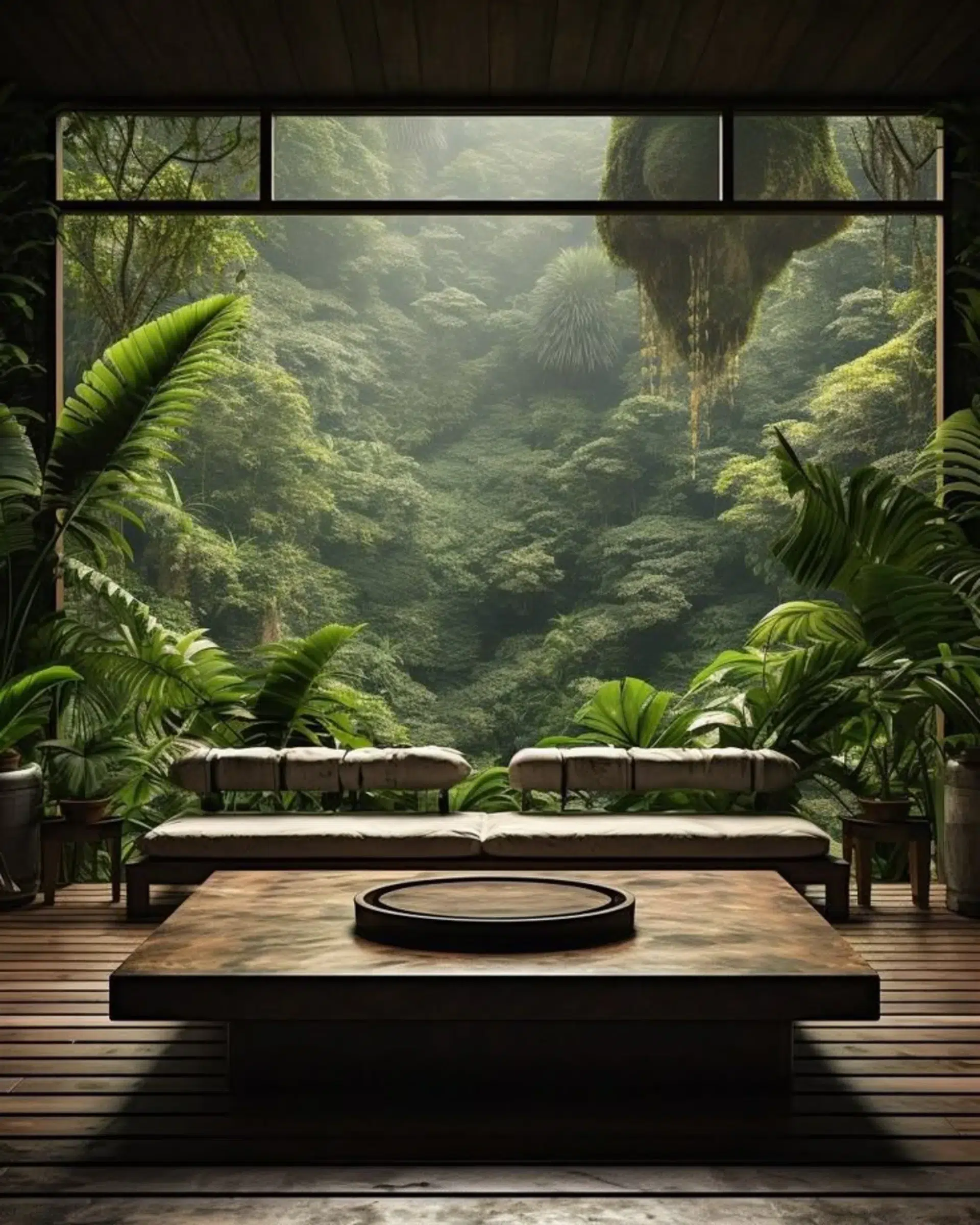 Biophilic luxury interior with panoramic window view into a lush jungle landscape, blending indoor and outdoor.