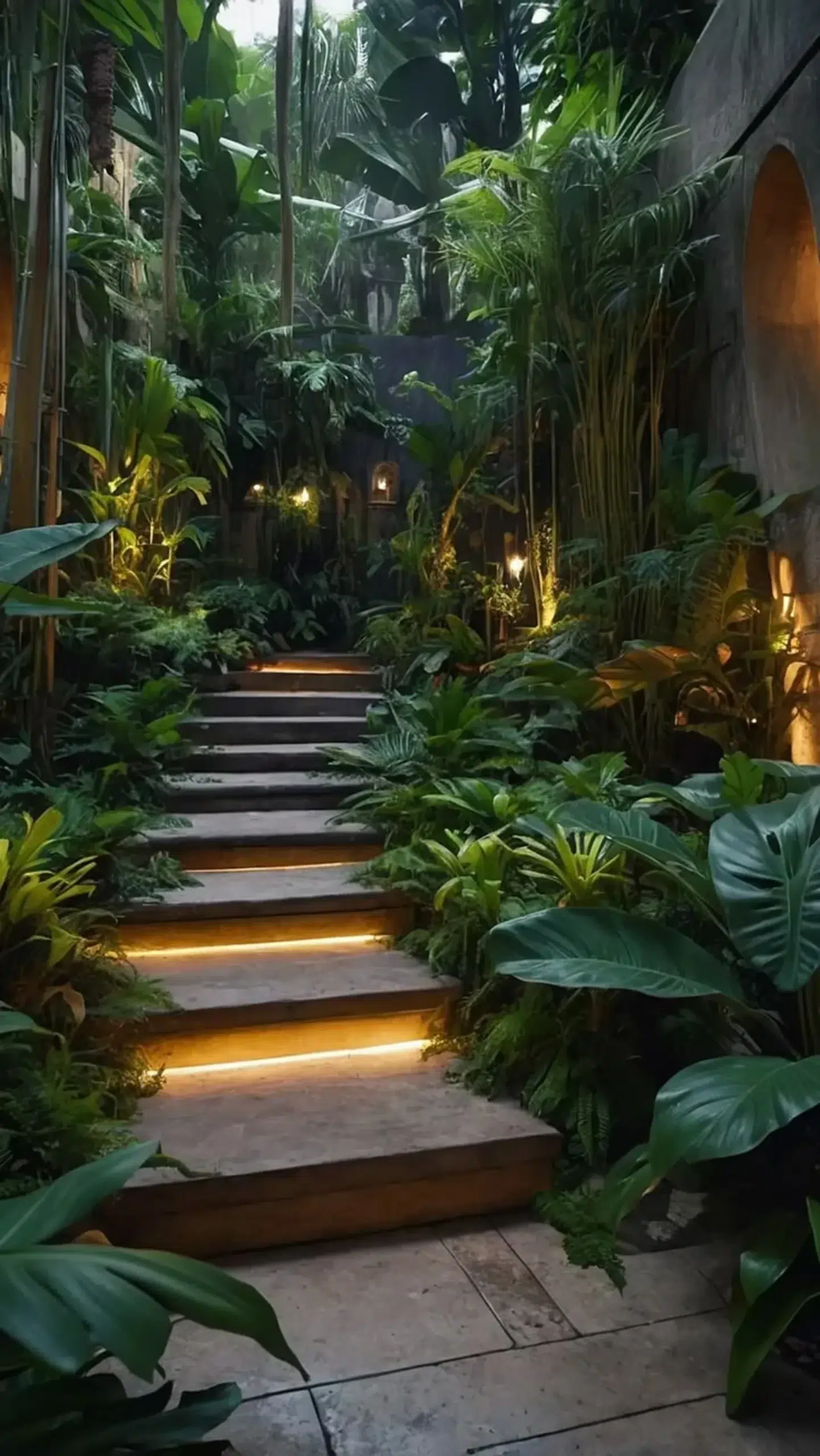 Stone staircase surrounded by lush tropical plants and ambient lighting in a biophilic residential garden.