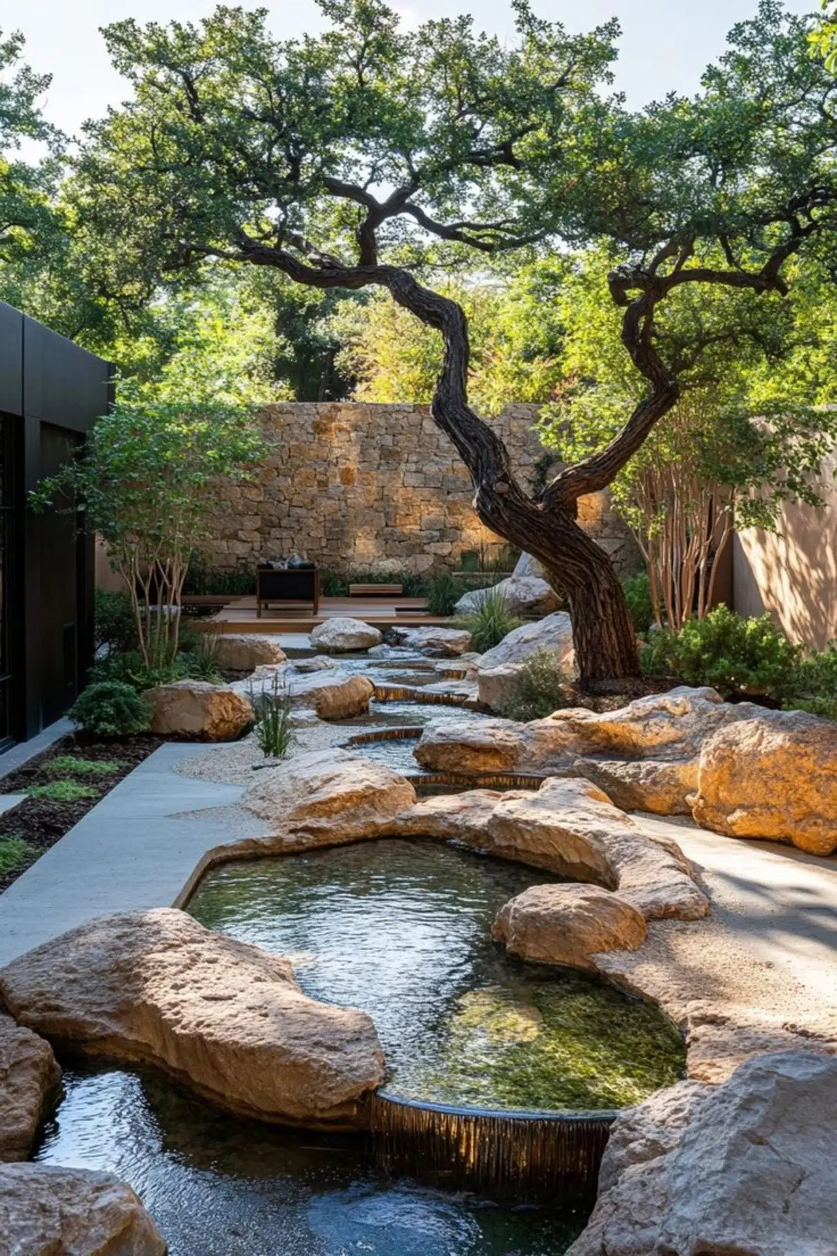 Biophilic luxury residence with a natural stone courtyard, integrated ponds and a sculptural tree connecting architecture and nature. 