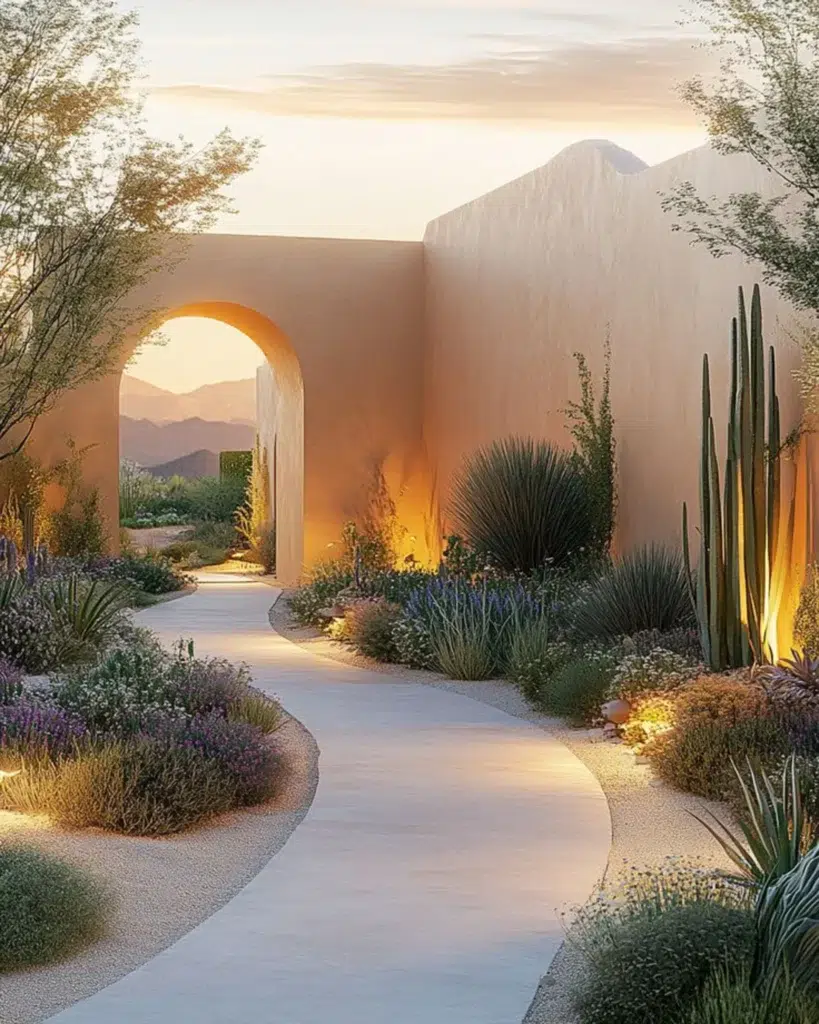 Curved garden path with ambient lighting and desert plants in sensory residential architecture