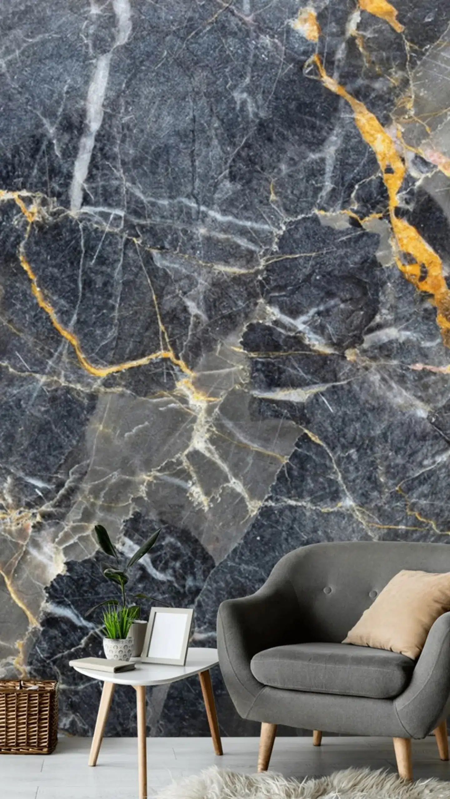 Marble feature wall in a modern living space designed with sensory residential architecture in mind