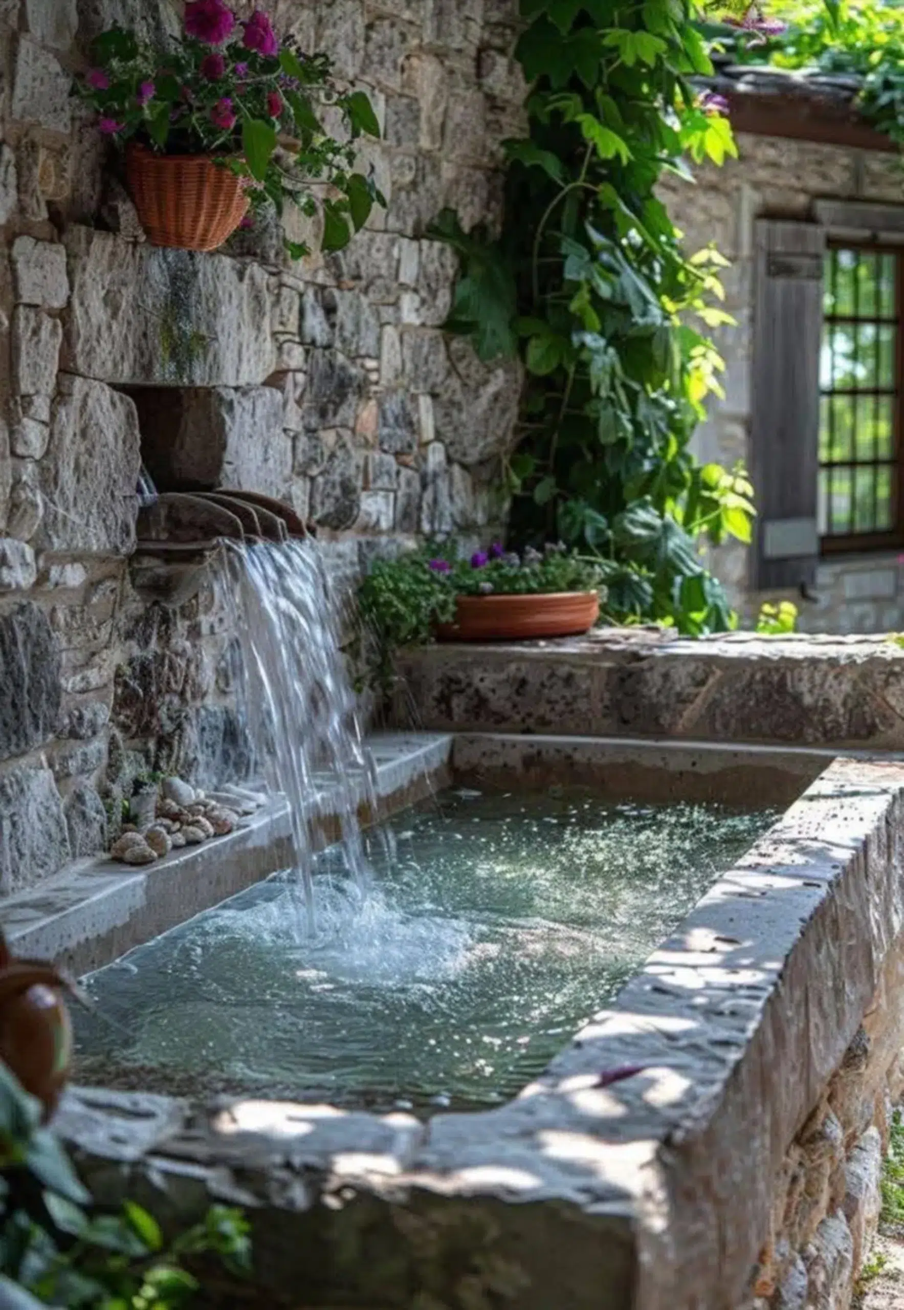 Water fountain with greenery in a Mediterranean patio reflecting sensory residential architecture principles
