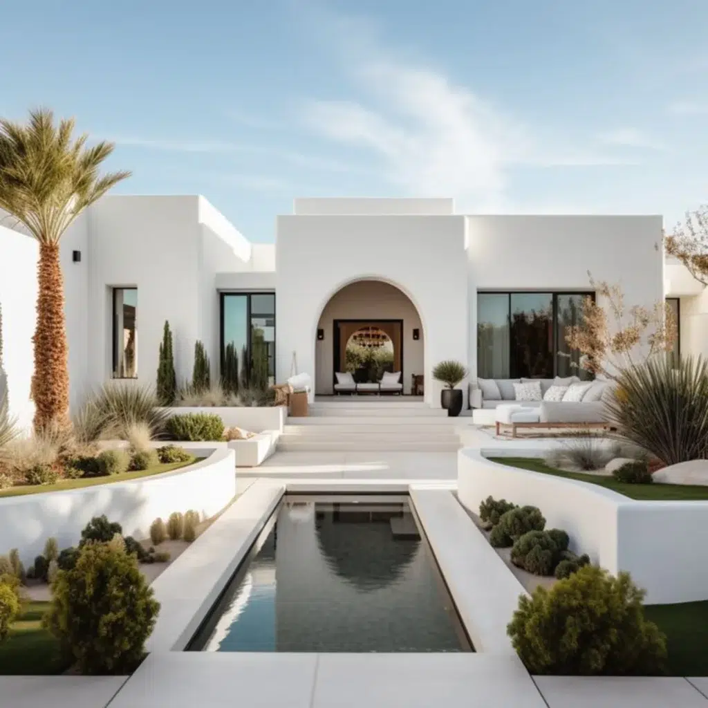 Front view of a contemporary white architecture home with a Mediterranean garden and central reflecting pool.