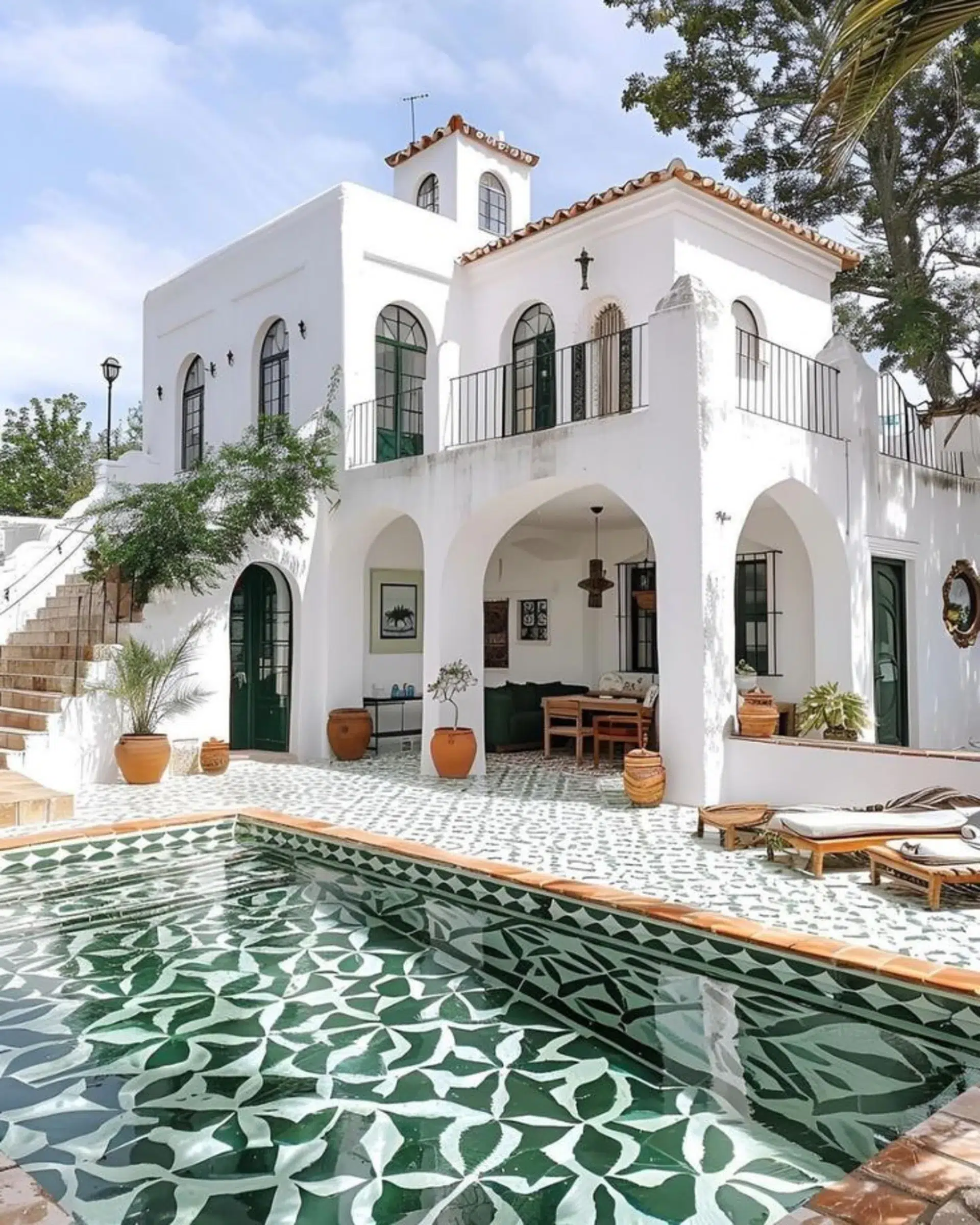 Mediterranean house with contemporary white architecture featuring arched terrace and green tiled pool with artisan pattern.