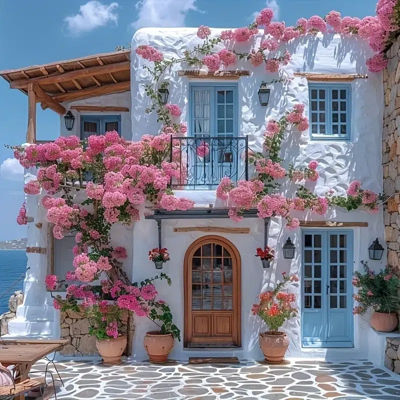 Fachada de casa mediterránea de arquitectura blanca contemporánea decorada con buganvillas rosas y carpintería azul.