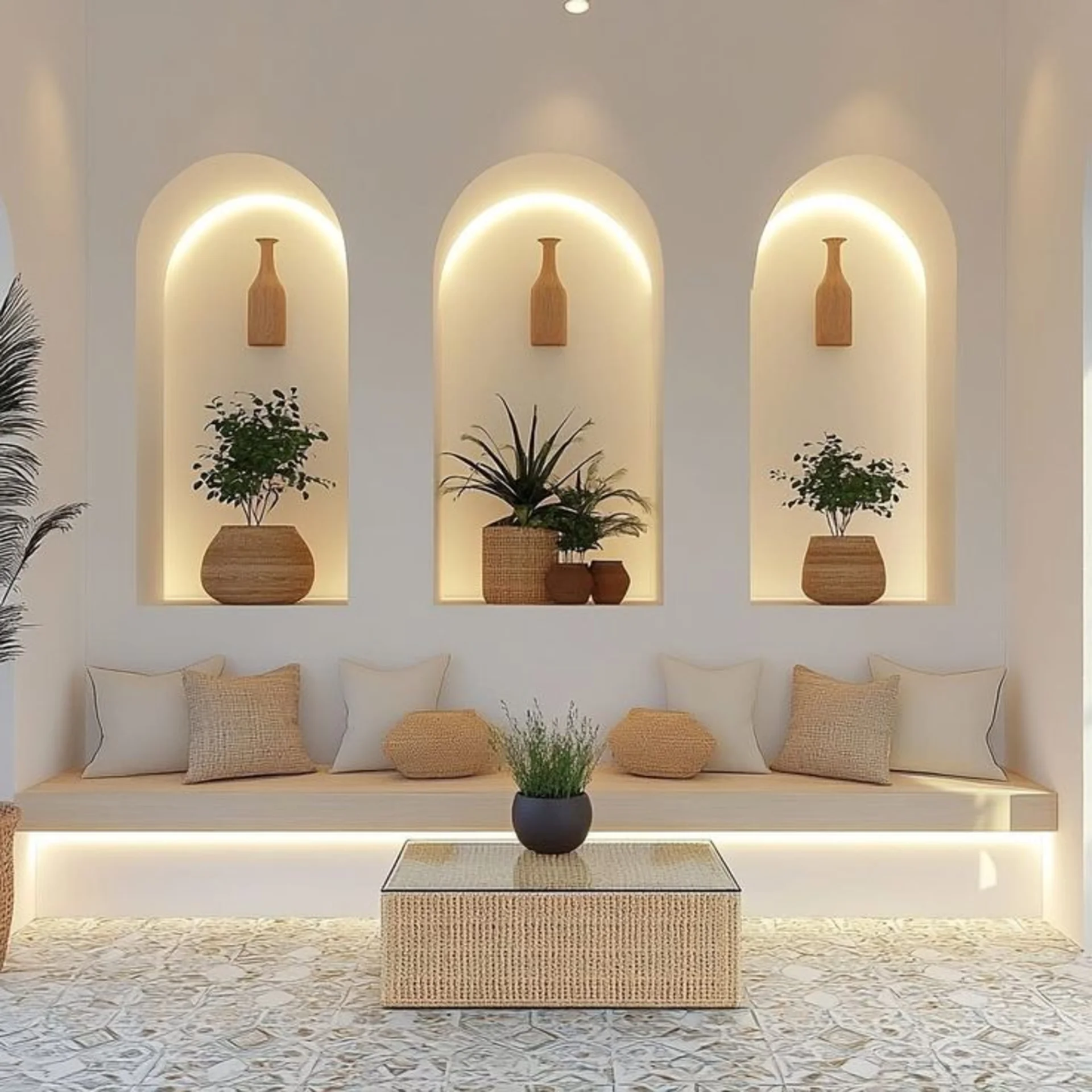 Interior detail of contemporary white architecture with arched niches, natural textures and Mediterranean-inspired decoration.