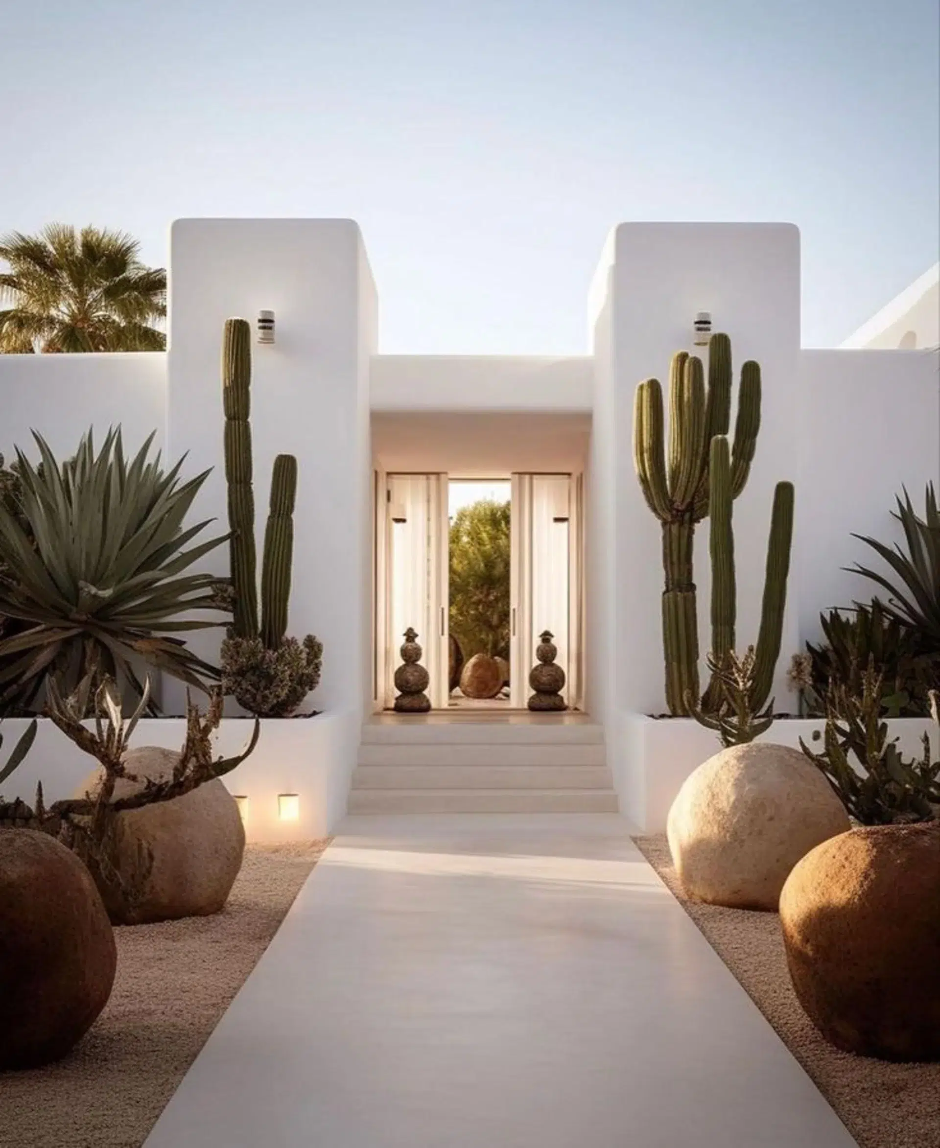 Entrance to a contemporary white architecture home featuring minimalist design and Mediterranean cactus garden.