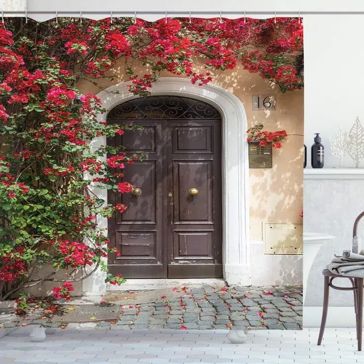 Elegant dark wooden door framed by vibrant red bougainvillea vines on the facade of a traditional Mediterranean house.