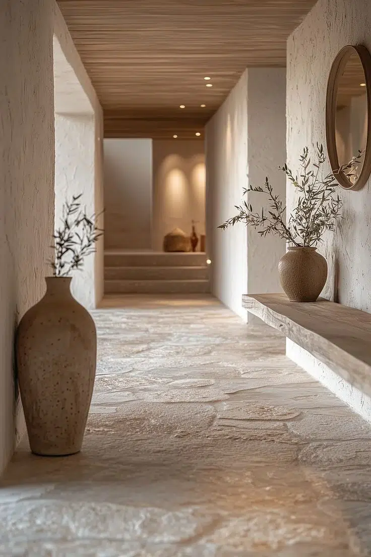 Interior hallway of contemporary white architecture with whitewashed walls, wooden ceiling and natural stone flooring.
