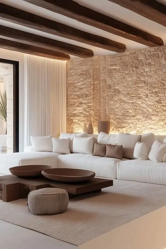 Living room with contemporary white architecture featuring stone wall, exposed wooden beams and warm Mediterranean decor.