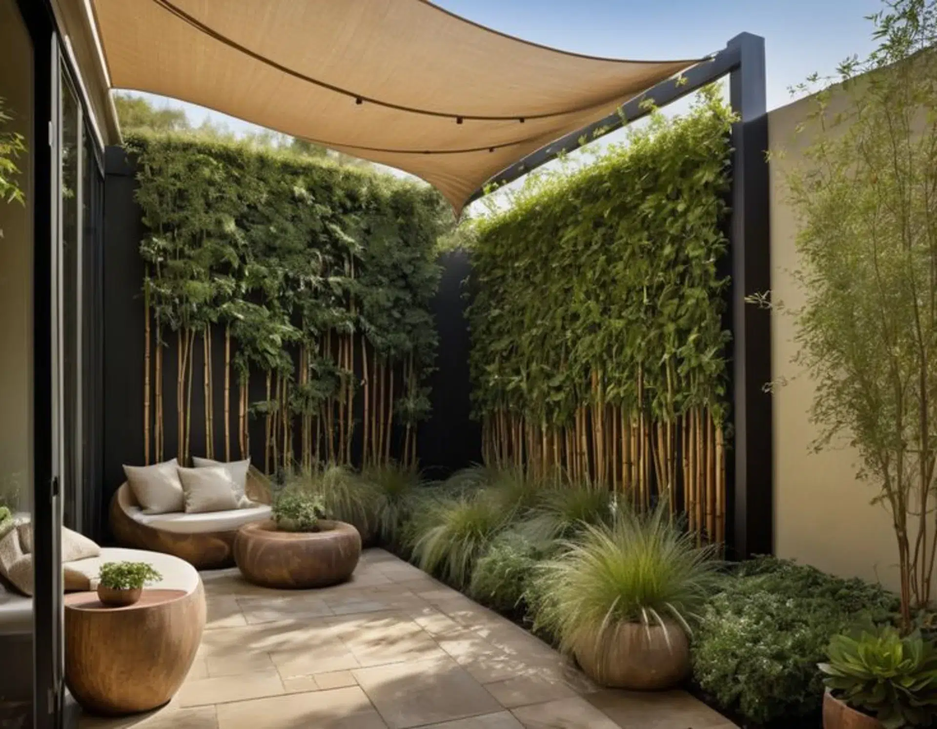 A cozy modern Mediterranean courtyard with black wooden pergola, green walls, and an outdoor dining and seating area.