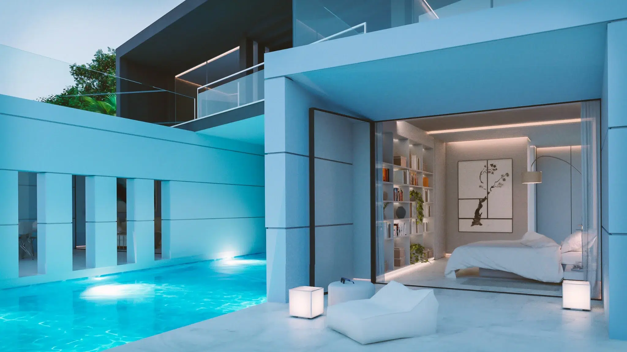 Bedroom of luxury new housing in Murcia with pool view
