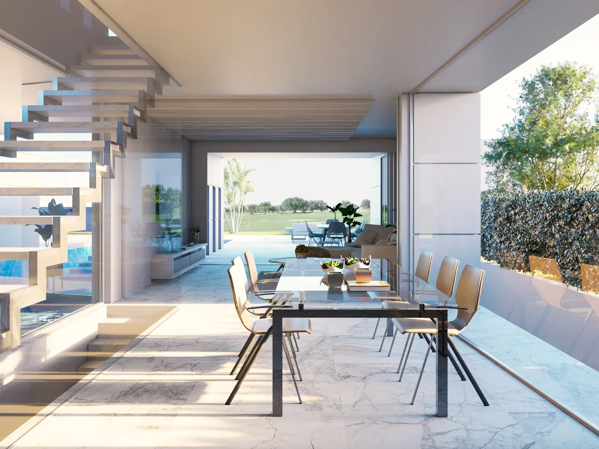 Living-dining room of luxury new housing with garden views
