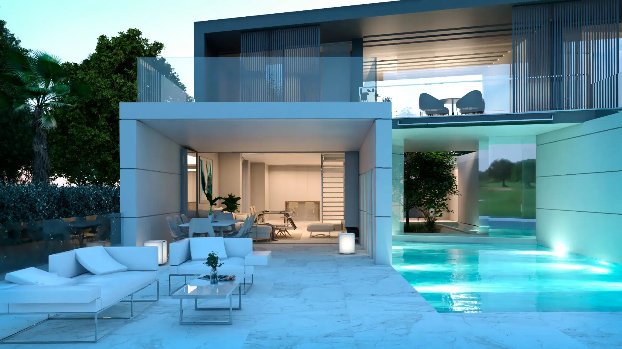 Night view of luxury new housing exterior in Alicante
