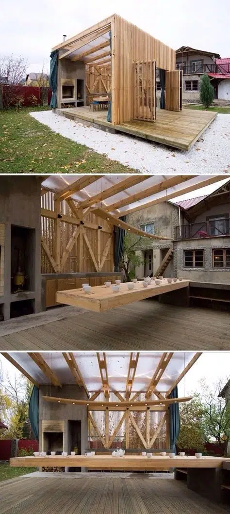 Wooden garden pavilion as an outdoor luxury micro-architecture element