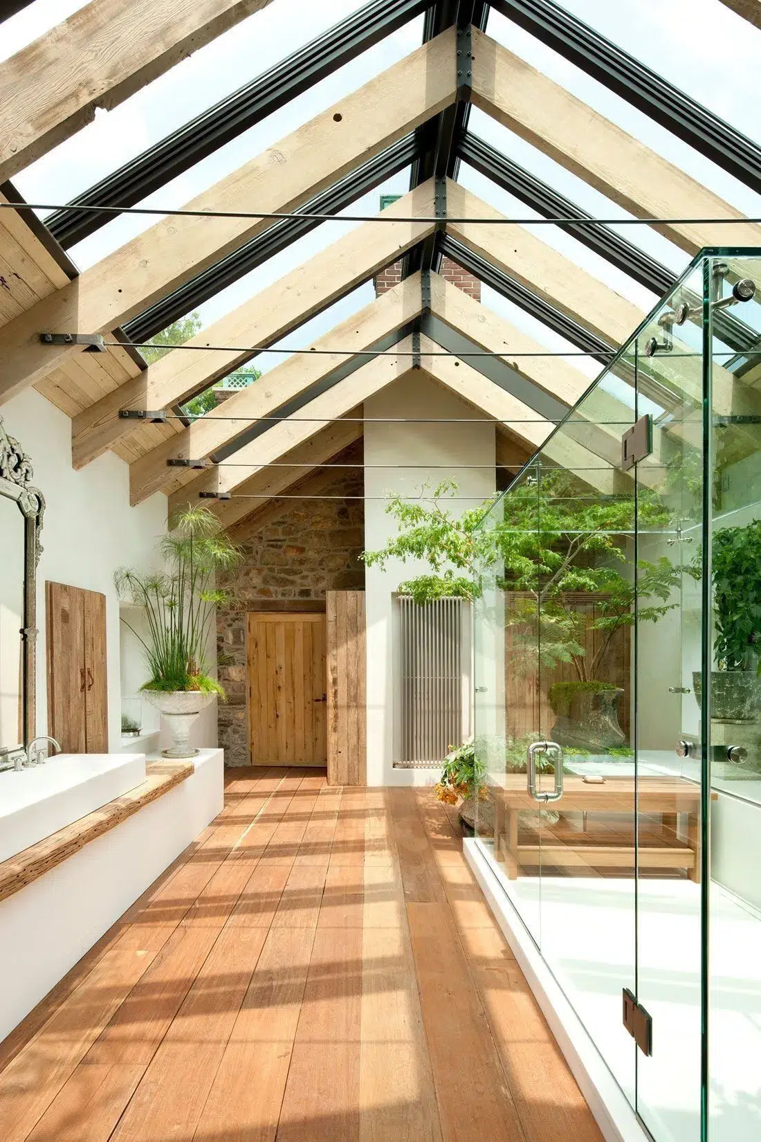 Natural-light wooden structure in Mediterranean passive house bathroom