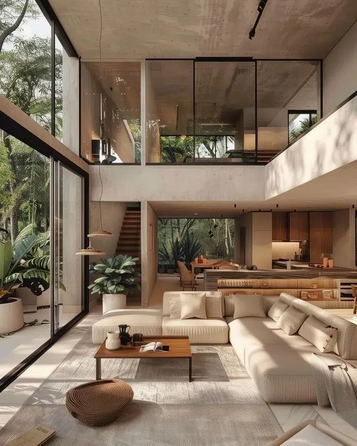 Double-height living room with large glazing and greenery, a cue to renovate or build from scratch.