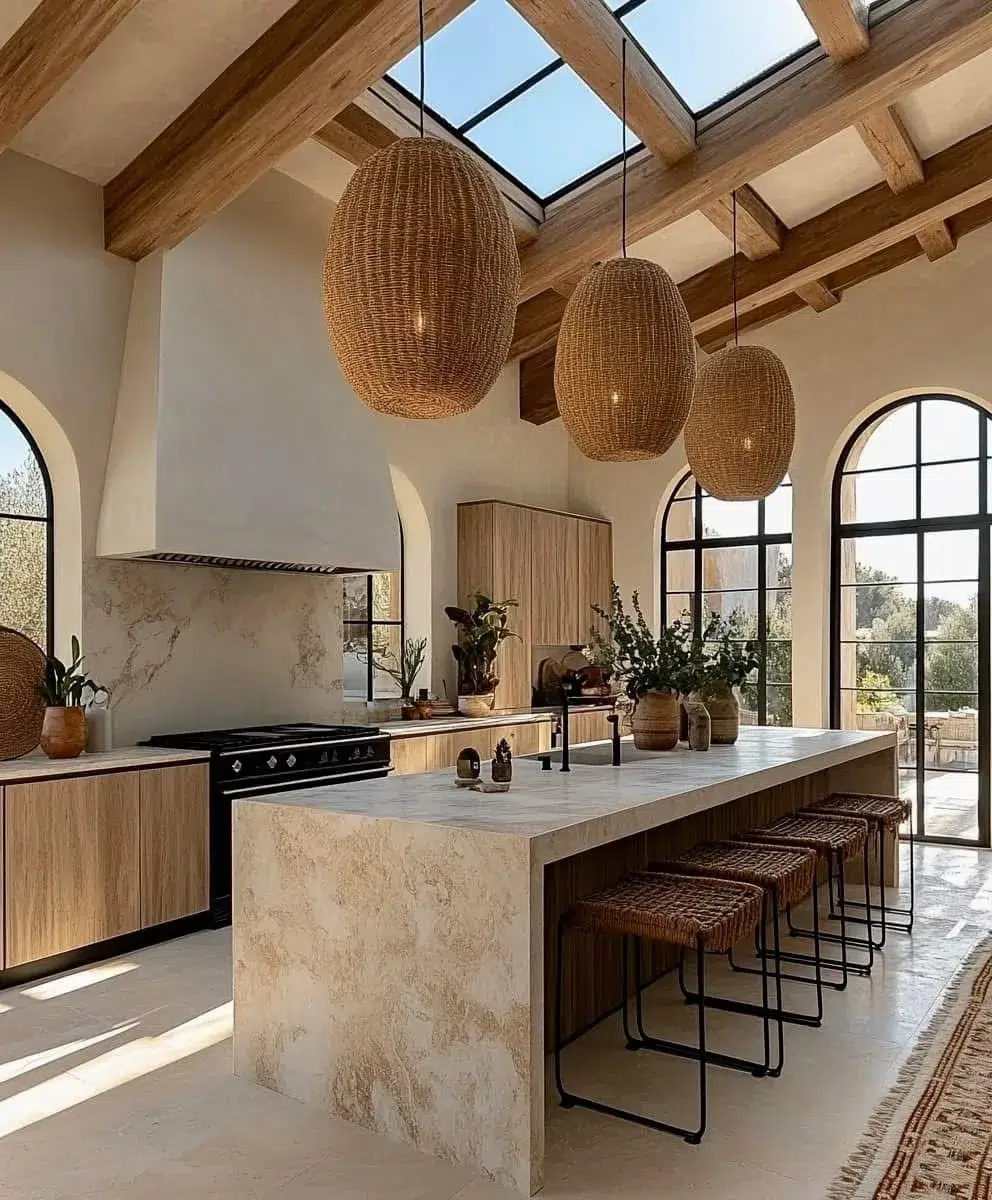 Mediterranean kitchen with stone island and woven pendants—option to renovate or build from scratch.
