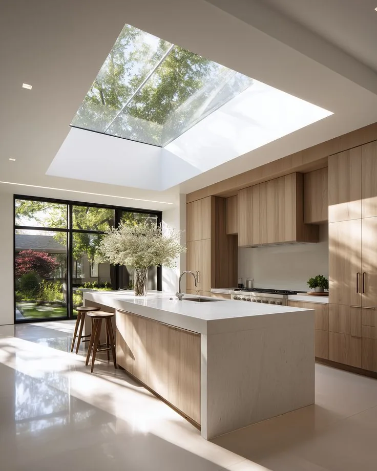 Contemporary kitchen with skylight and light-wood cabinetry to renovate or build from scratch.
