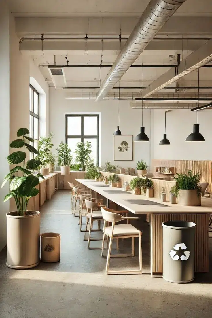 Bright common space with long wooden tables, abundant plants and black pendant lights; shared housing in Alicante and Murcia.