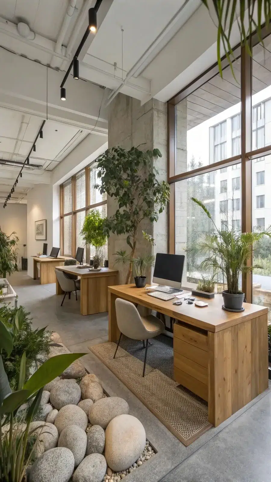 Workstations with wooden furniture beside large windows and an indoor stone garden; shared housing in Alicante and Murcia.