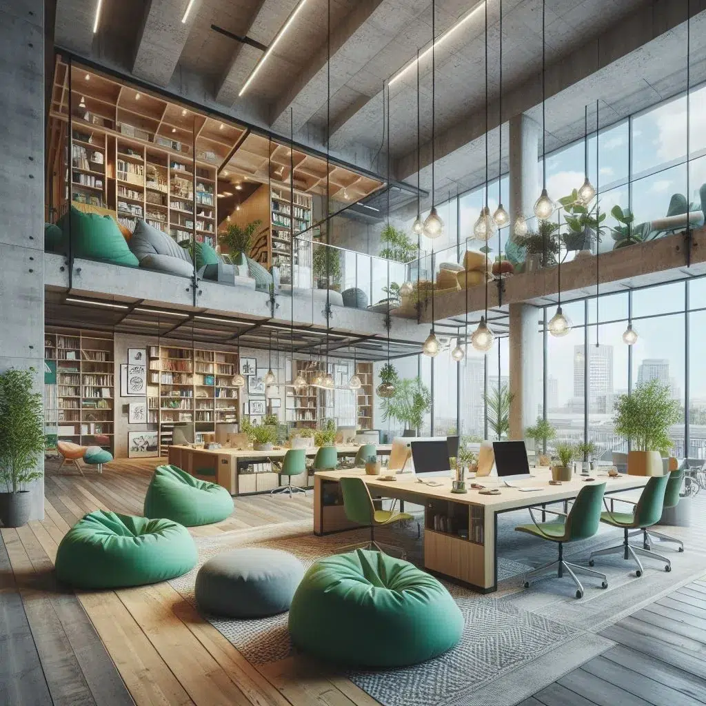 Double-height co-living space with library, beanbags and work areas; shared housing in Alicante and Murcia.