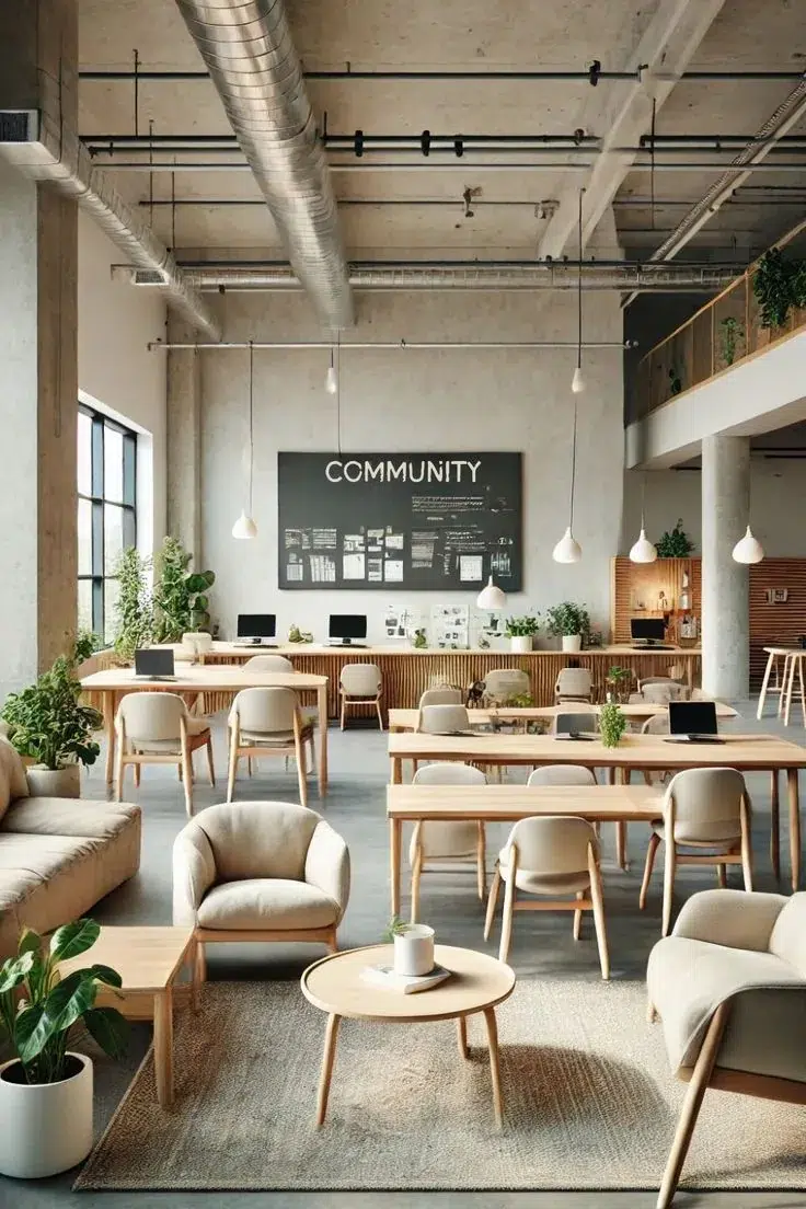 Bright coworking space with wooden tables, sofas and a board that reads “Community”; shared housing in Alicante and Murcia.