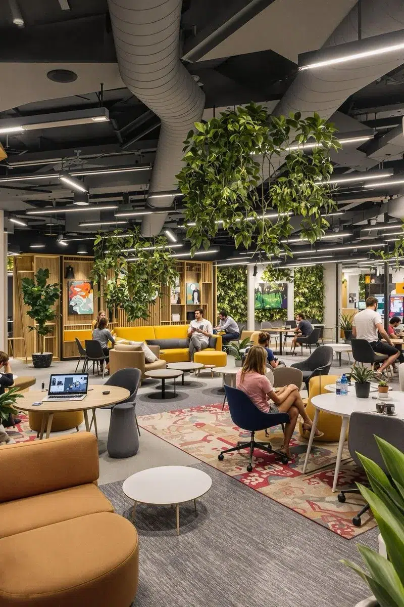 Modern common area with sofas, low tables, hanging plants and people socialising; shared housing in Alicante and Murcia.