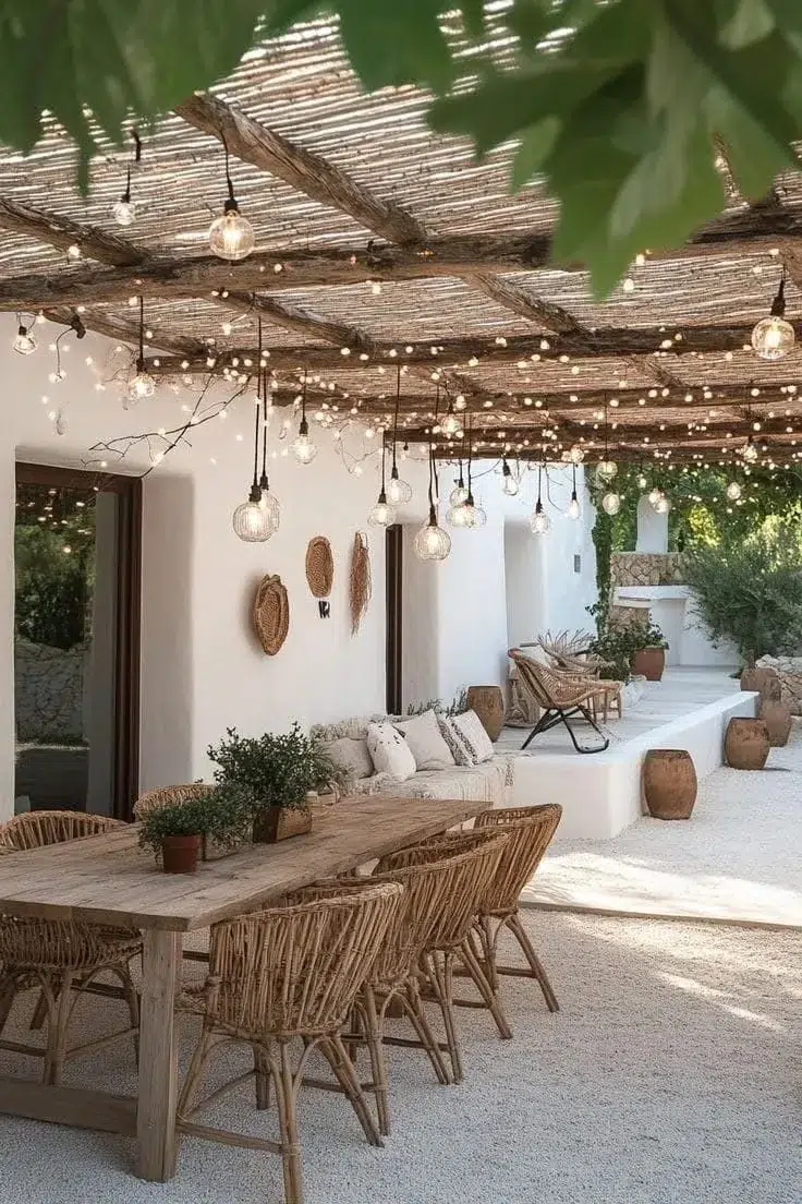 Mediterranean terrace with branch pergola, string lights and wooden outdoor dining; shared housing in Alicante and Murcia.