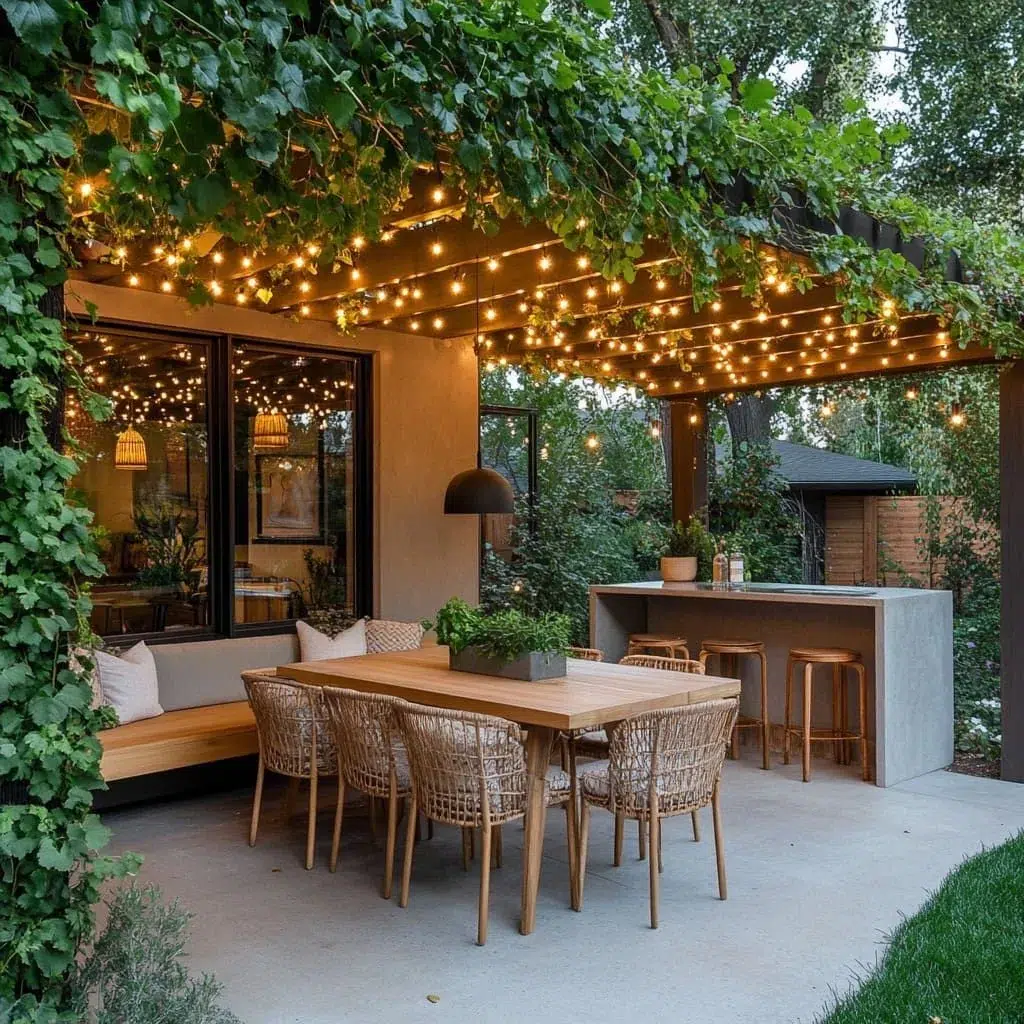Terrace with a vine-covered pergola, string lights, wooden outdoor dining and a kitchen bar; shared housing in Alicante and Murcia.